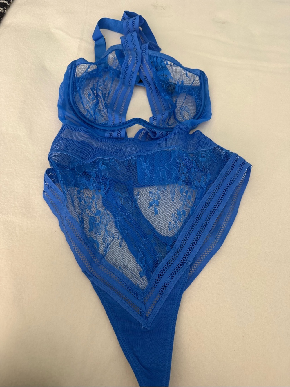 Sheer Lace Strappy Bodysuit - Blue